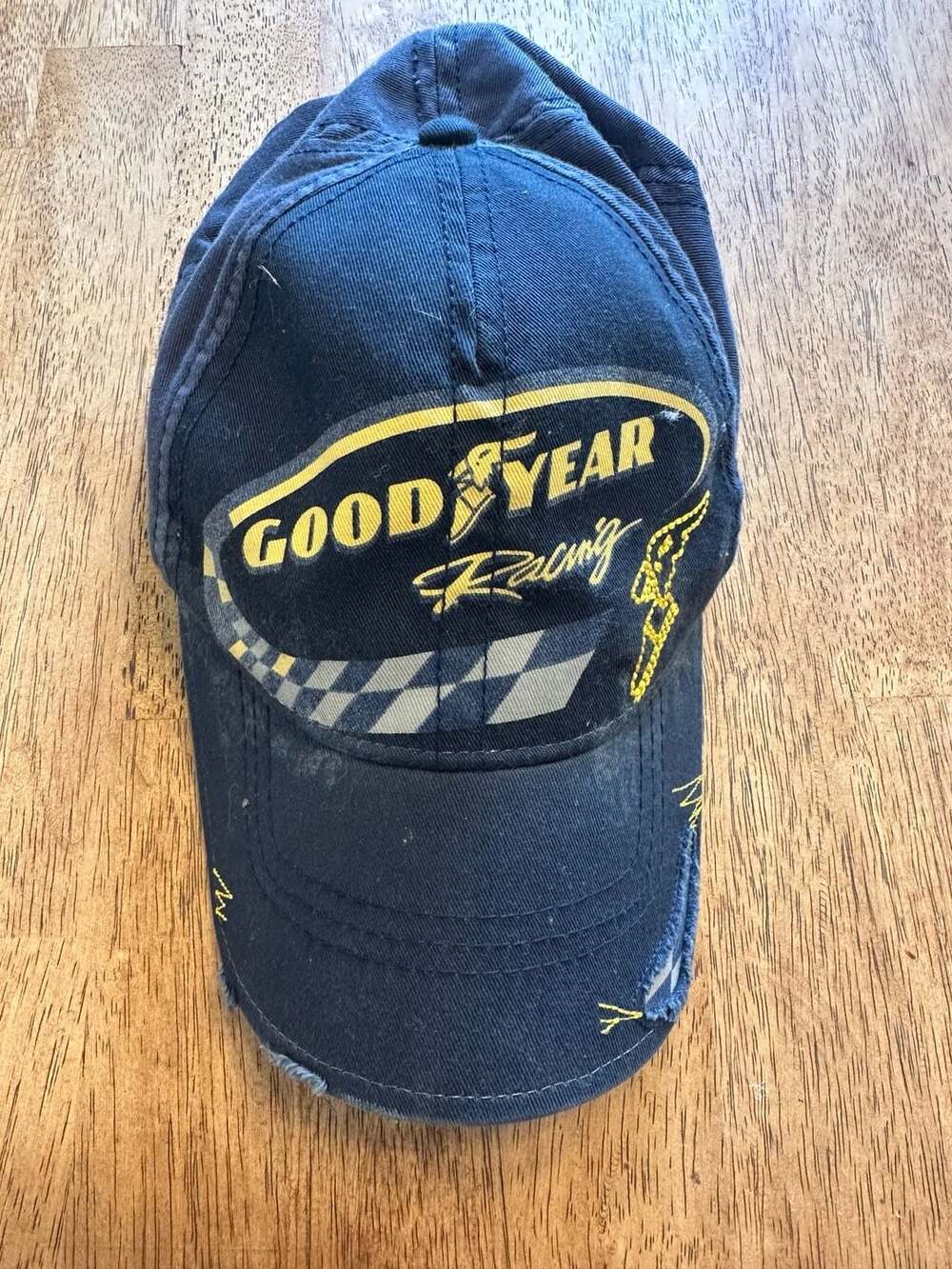 Goodyear Racing Hat Cap Infinity Headwear Navy Blue Distressed Adjustable